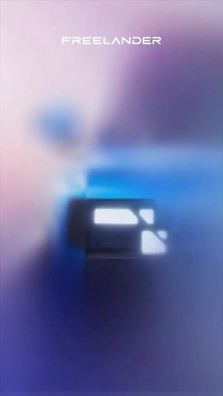 Illustration abstraite du logo Freelander avec arrière-plan flou et tons violets et bleus.