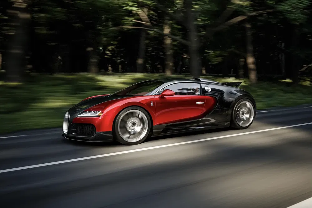 {"fr":"Bugatti Veyron rouge et noir roulant rapidement sur une route bordée d'arbres.","nl":"Rode en zwarte Bugatti Veyron snel rijdend op met bomen omzoomde weg."}