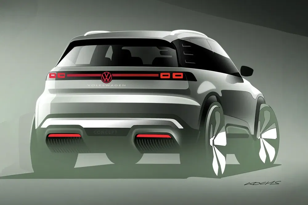 Achteraanzicht illustratie van een moderne Volkswagen SUV-concept met opvallende achterlichten.