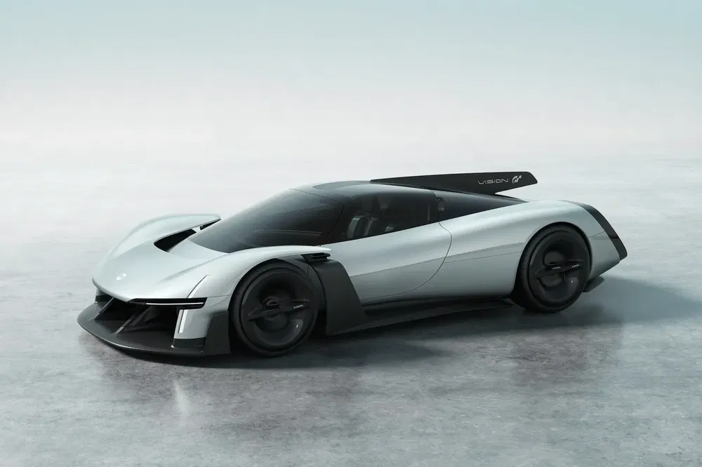 Futuristische Porsche Mission X conceptauto op lichtgrijze achtergrond.