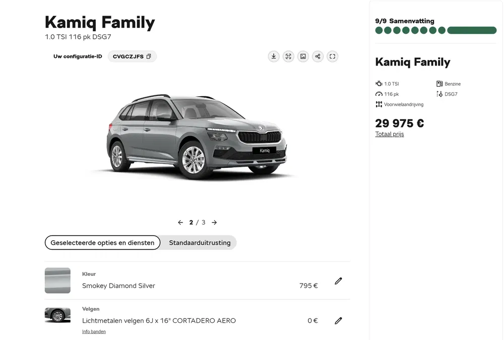 Škoda Kamiq Family SUV in zilvergrijs, prijs 29,975 euro, velgen CORTADERO AERO.