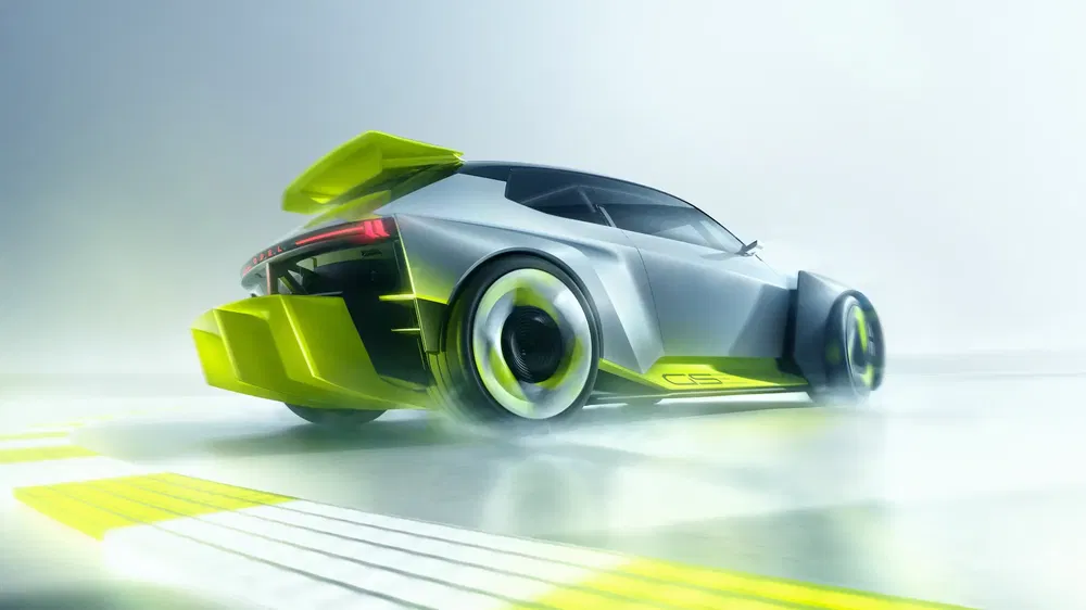 Illustratie van sportwagenconcept met aerodynamische spoilers en fluorescerende groene accenten.