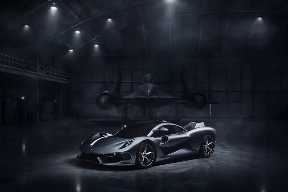 Hypercar Ferrari en hangar sombre avec avion de chasse en arrière-plan.