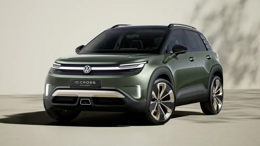 Volkswagen ID. Cross conceptauto in groen, futuristisch design, vooraanzicht.