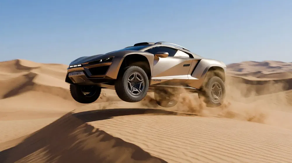 Prototype Zarooq Sandracer sautant sur des dunes désertiques.