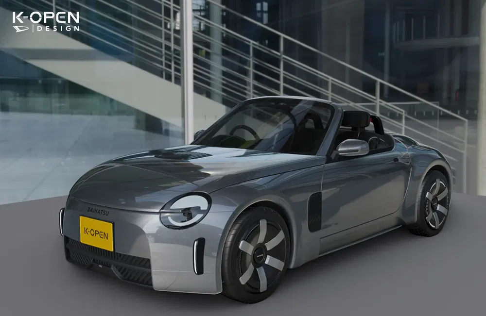 Conceptauto Daihatsu K-Open cabriolet grijs met futuristisch en aerodynamisch ontwerp.