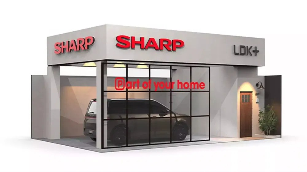 Moderne garageconcept met glazen gevel en geparkeerde auto binnen, met opschrift 'Sharp'.