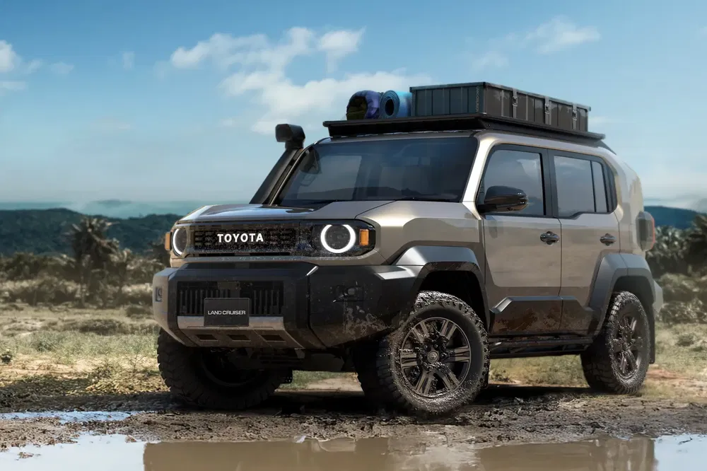 {"fr":"Toyota Land Cruiser 4x4 moderne dans un paysage boueux avec équipements d'expédition sur le toit.","nl":"Moderne Toyota Land Cruiser 4x4 in modderig landschap met expeditie-uitrusting op het dak."}