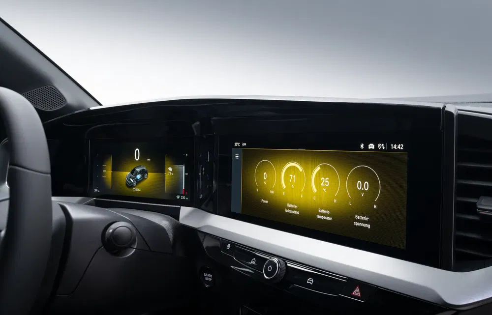 Moderne auto-interieur met digitaal dashboard en geavanceerde touchscreens.