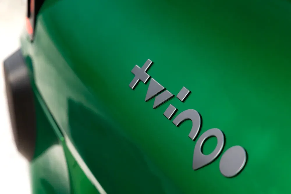 Logo Renault Twingo sur carrosserie verte, mise en valeur dans un gros plan soigné.