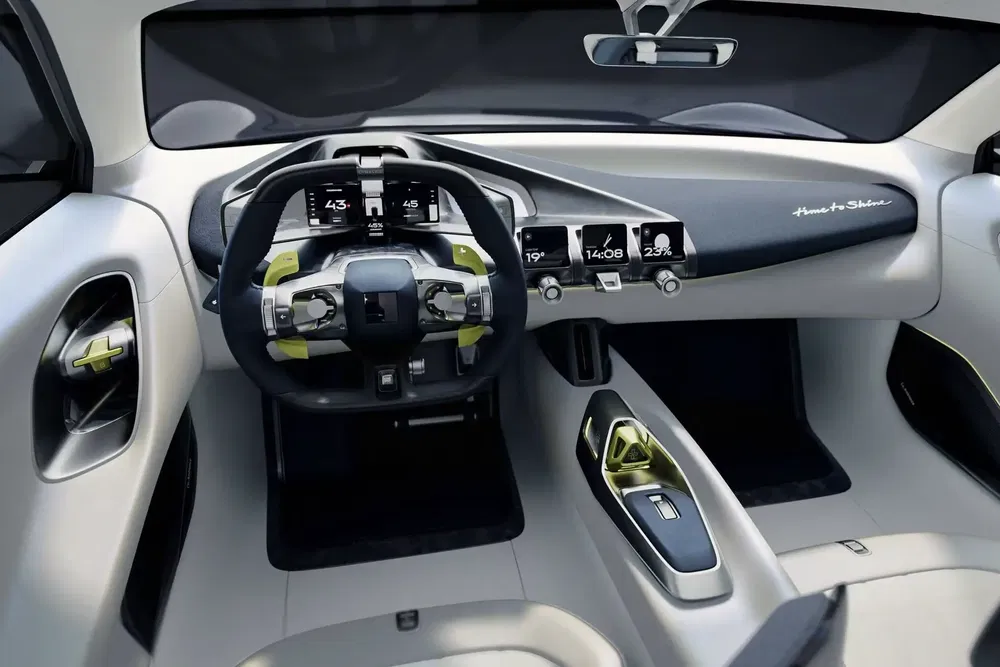 Intérieur moderne de voiture haute technologie avec écran tactile et volant futuriste.