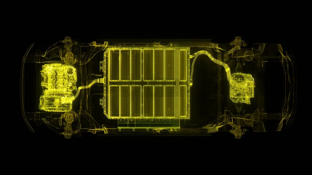 Illustration de la batterie d'une voiture électrique, vue en transparence avec composants internes.