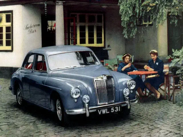 Voiture classique Wolseley 15/50 bleue garée devant un café avec deux femmes assises.