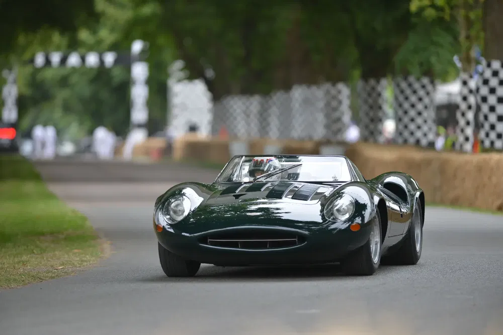 {"fr":"Voiture de course Jaguar verte sur piste bordée d'arbres et de spectateurs au Goodwood Festival.","nl":"Groene Jaguar raceauto op baan omgeven door bomen en toeschouwers bij het Goodwood Festival."}