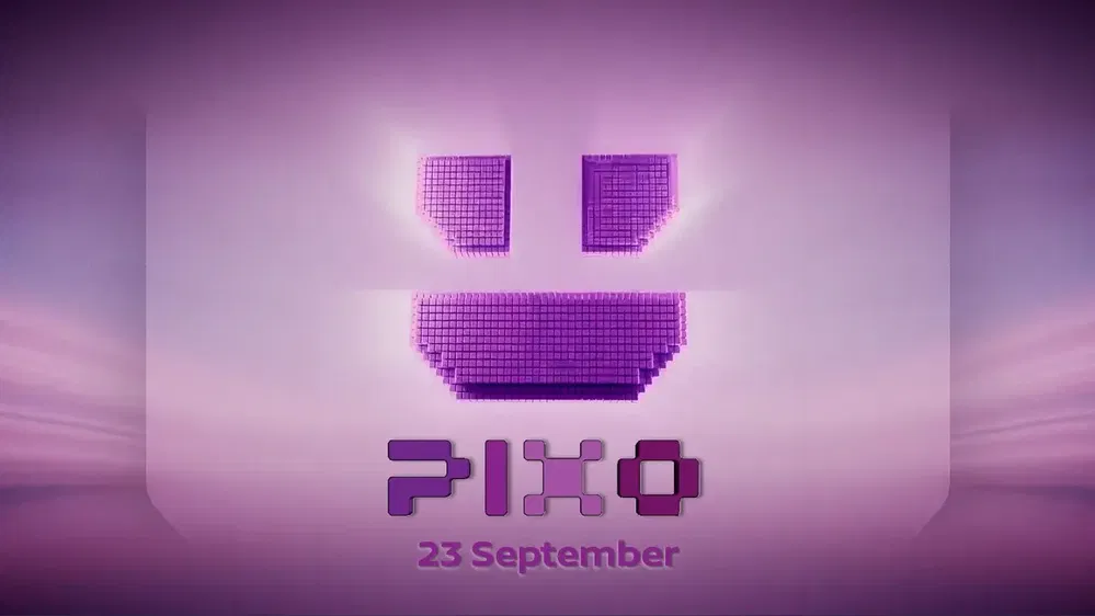 Pixelillustratie met paarse glimlach en tekst 'PIXO', datum 23 september.