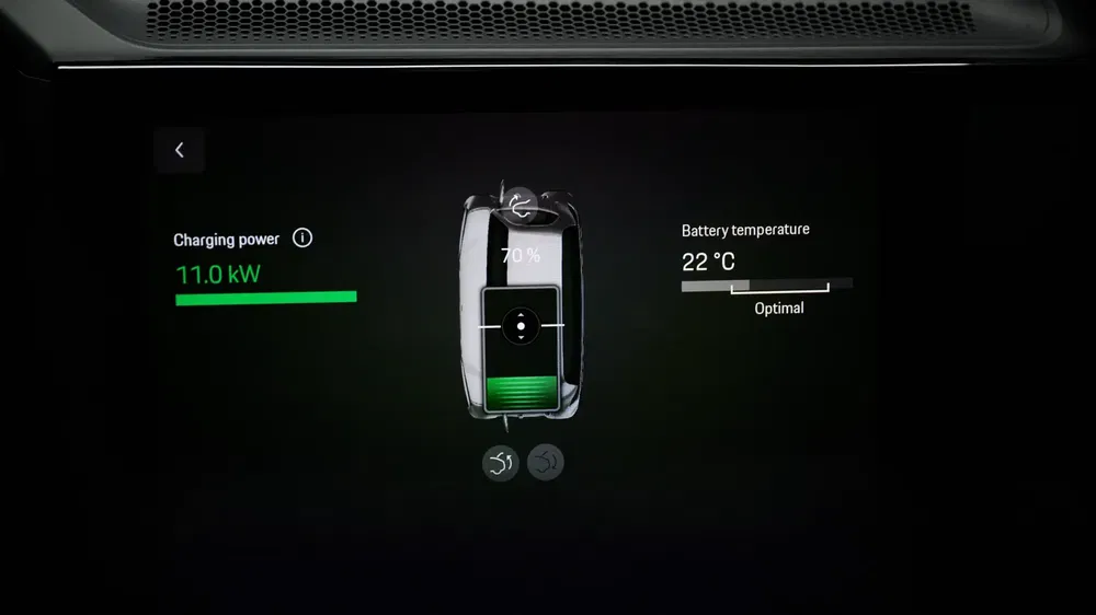 Dashboard dat 11,0 kW laadvermogen en batterijtemperatuur van 22°C toont.