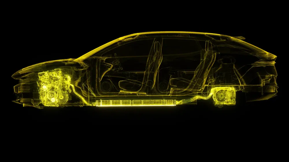 Illustration technique d'une voiture électrique en coupe, montrant moteur et batterie en détail.