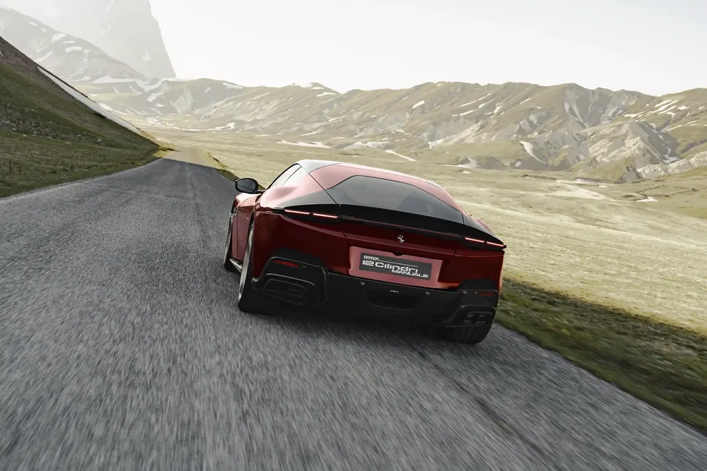 Ferrari puissante sur route de montagne, arrière de la voiture en mouvement rapide.