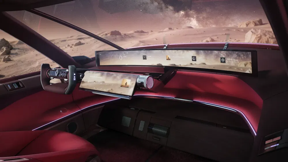 Intérieur futuriste de voiture avec tableau de bord numérique et vues extraterrestres panoramiques.