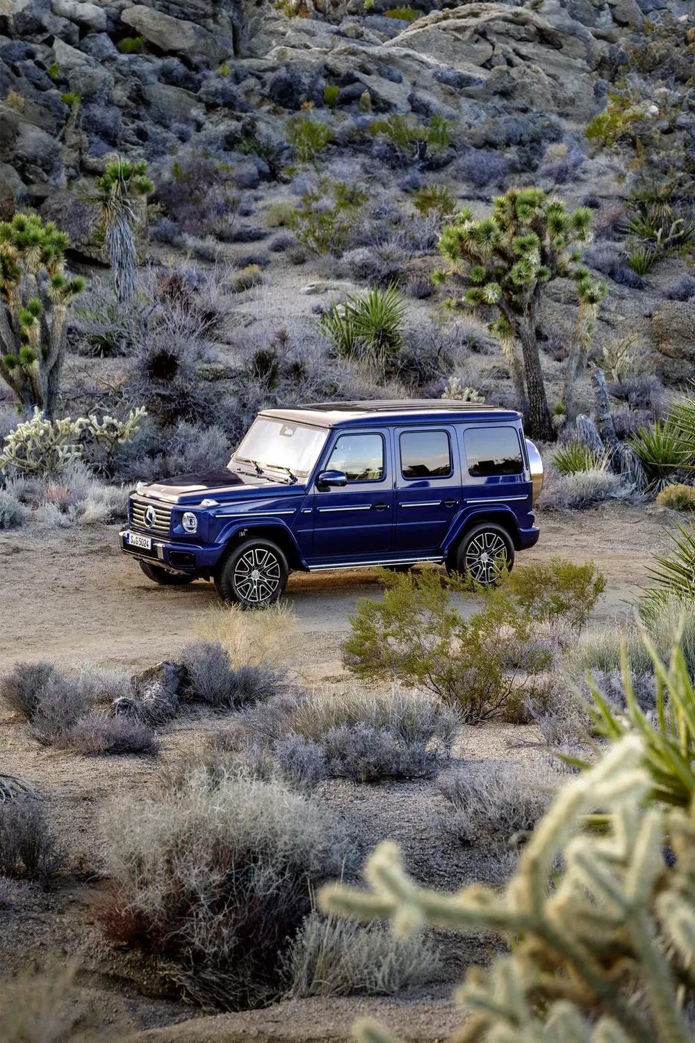 Blauwe Mercedes G-Klasse in woestijn met droogte vegetatie en rotsen.