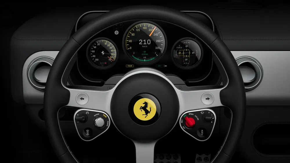 {"fr":"Tableau de bord d'une Ferrari avec volant et jauge de vitesse numérique affichant 210 km/h.","nl":"Dashboard van een Ferrari met stuur en digitale snelheidsmeter die 210 km/u toont."}