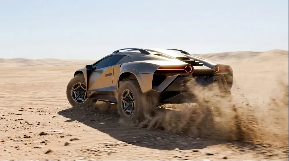 Lamborghini tout-terrain traversant un désert, soulevant un nuage de poussière.