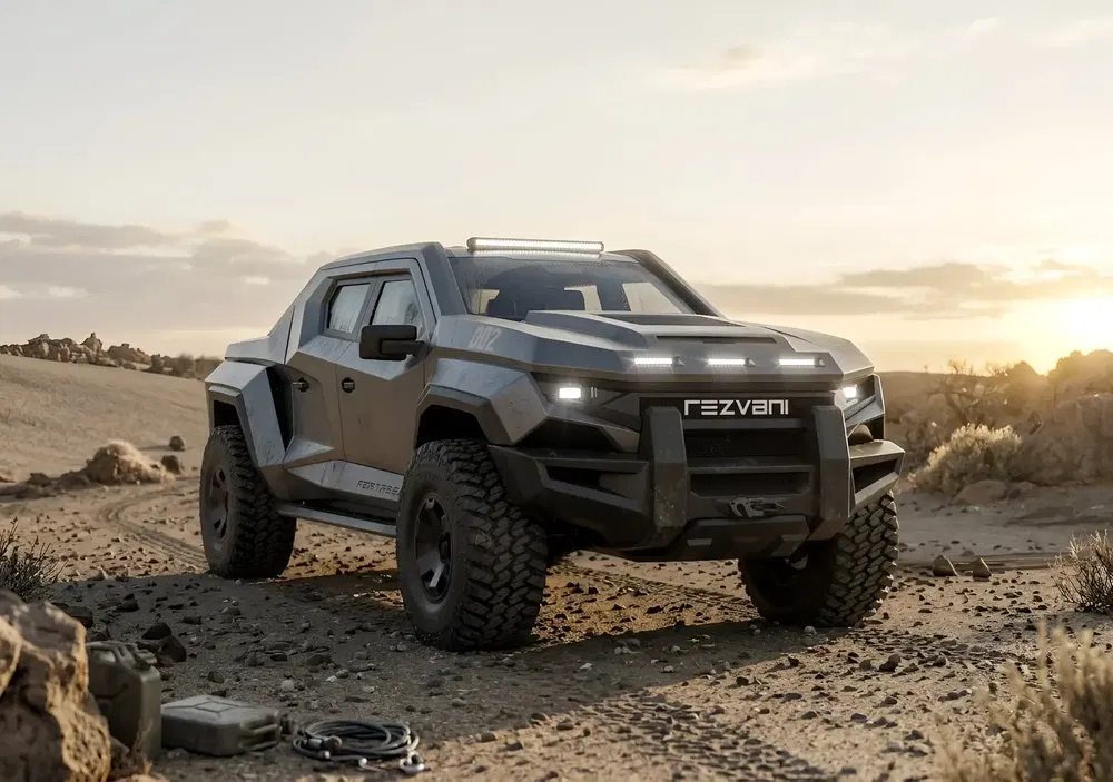 Rezvani Truck sur piste désertique au coucher du soleil, design robuste et futuriste.