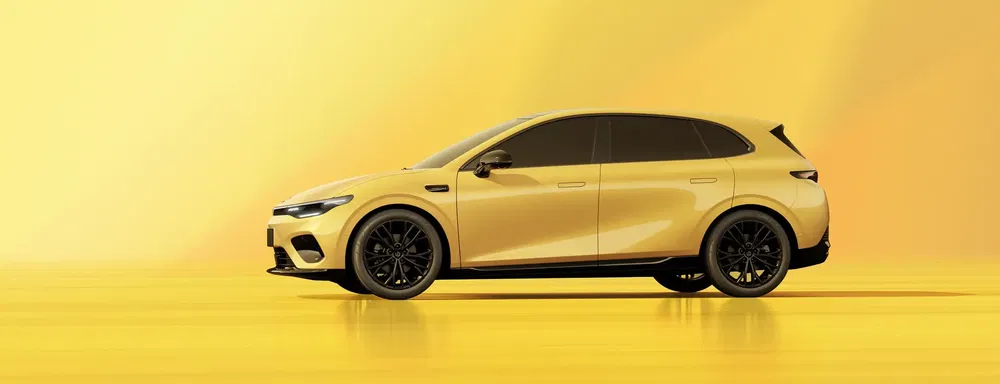 Volkswagen ID.3 in geel, zijaanzicht tegen een heldere achtergrond.