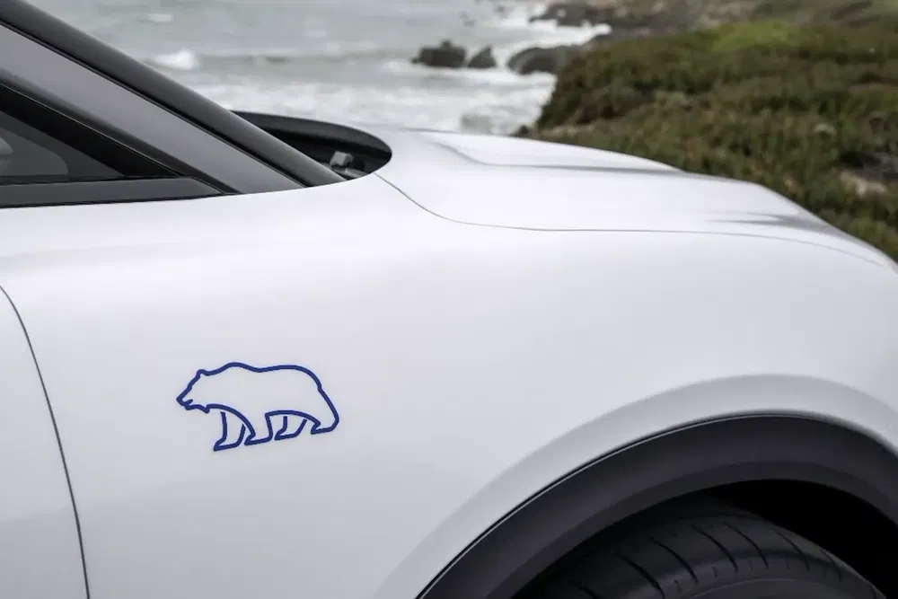 Blauw berenlogo op een witte Polestar auto bij een rotsachtige kustlijn.