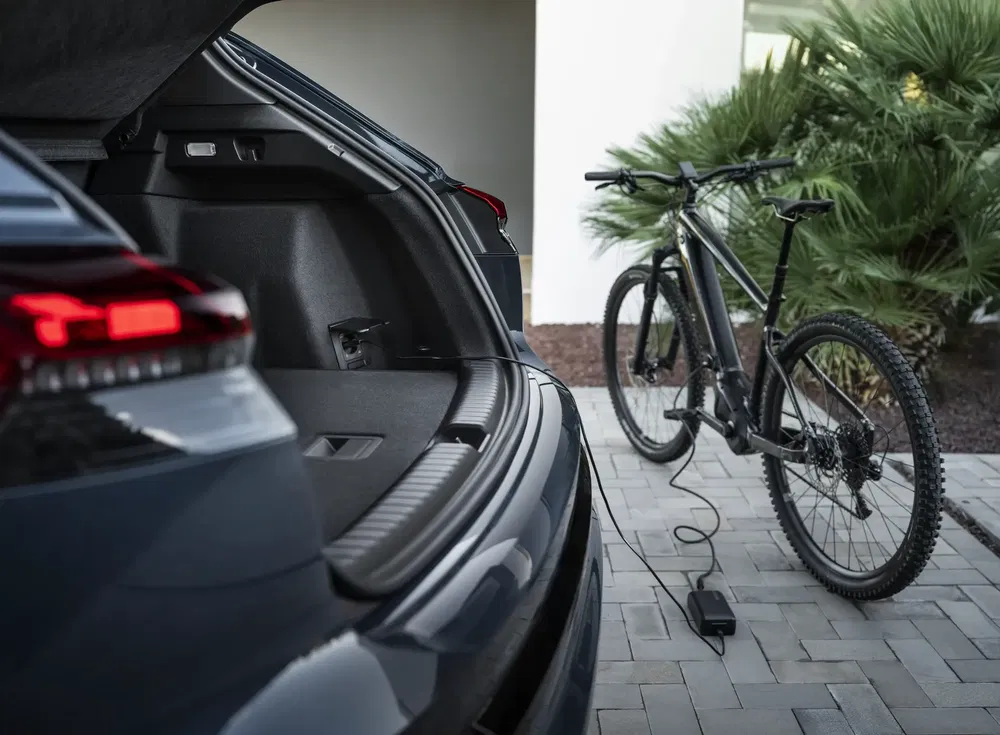Coffre de voiture ouvert avec VAE en charge, paysage moderne et plantes vertes.