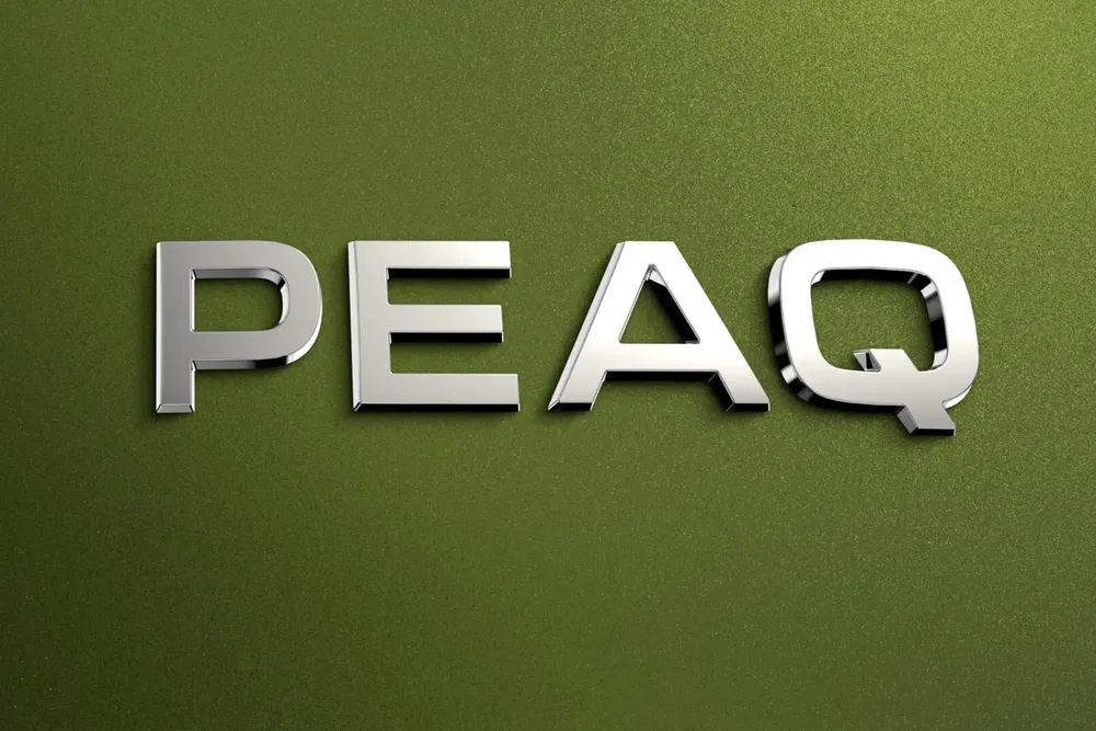 Logo 3D argenté "PEAQ" sur fond vert texturé.