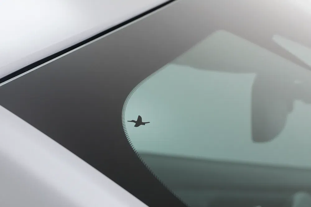 Detail van een Audi voorruit met gegraveerd vogelbeeld.