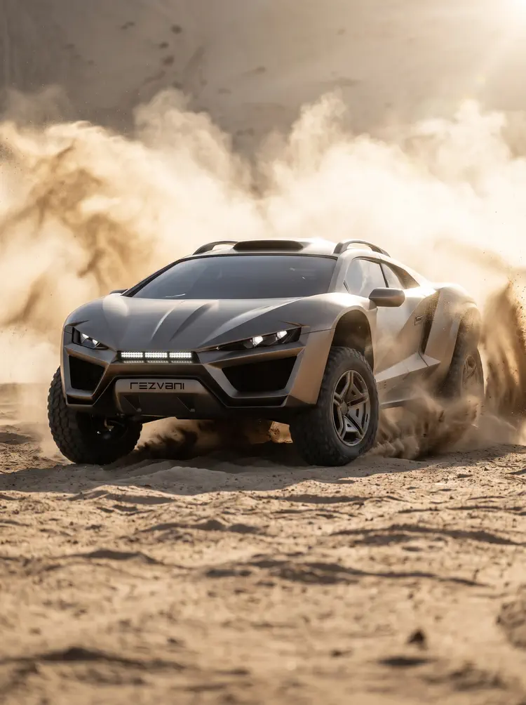 Rezvani Hercules SUV puissant roulant à toute allure dans le sable désertique.
