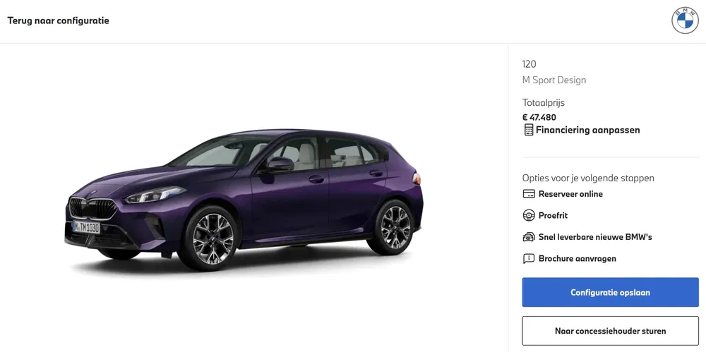 BMW Série 1 violet, design sport M, vue latérale, configuration en ligne visible.