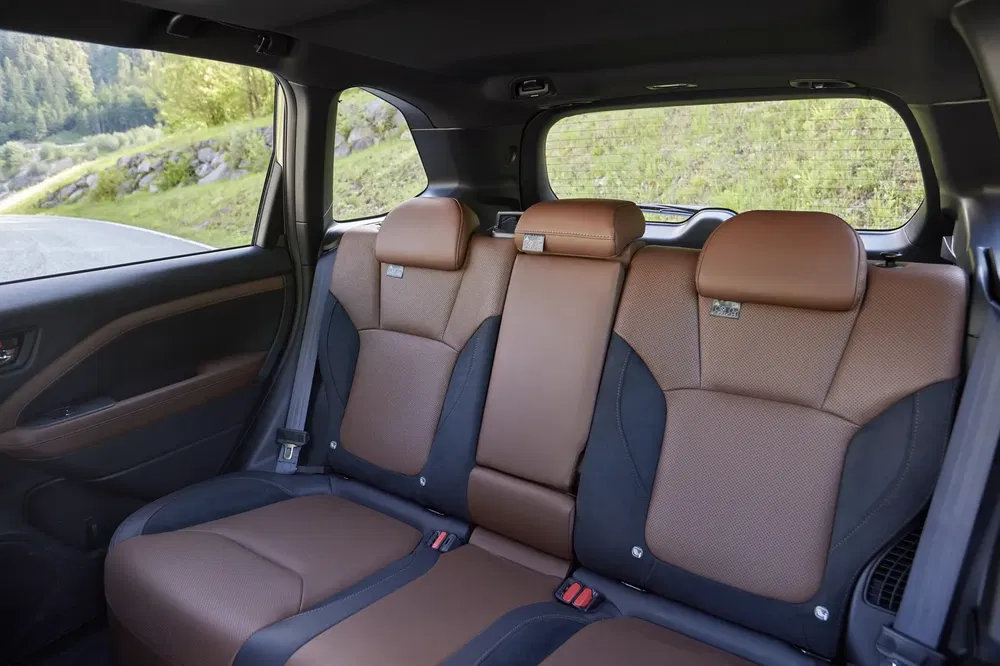 Ruim interieur van een moderne SUV met bruine leren zetels en uitzicht op natuur.