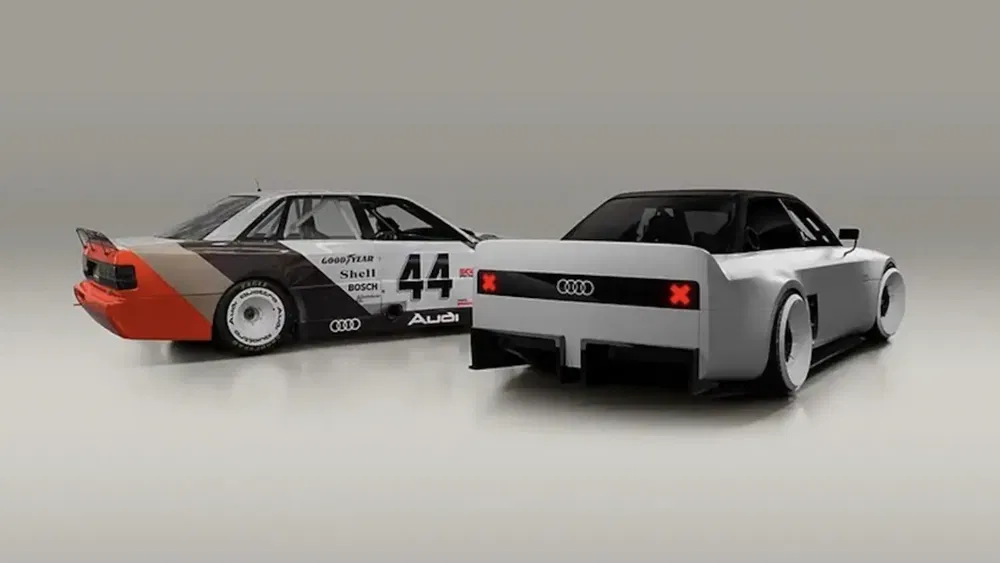 Audi conceptauto met racelivery en modern ontwerp, toont retro-futuristische esthetiek.