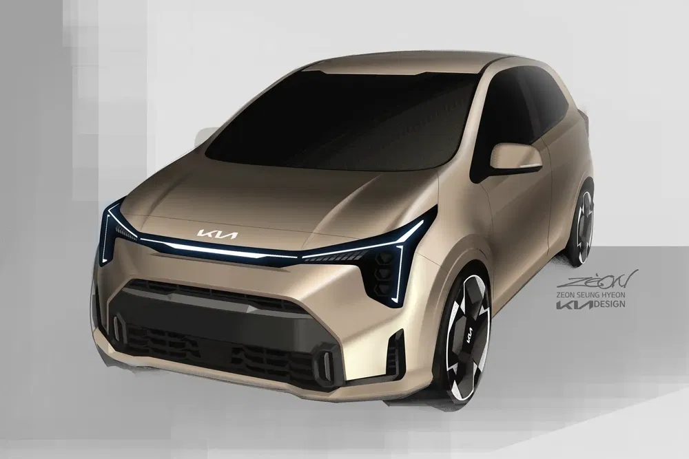 Illustration concept car Kia avec design avant futuriste et éclairage LED distinctif.