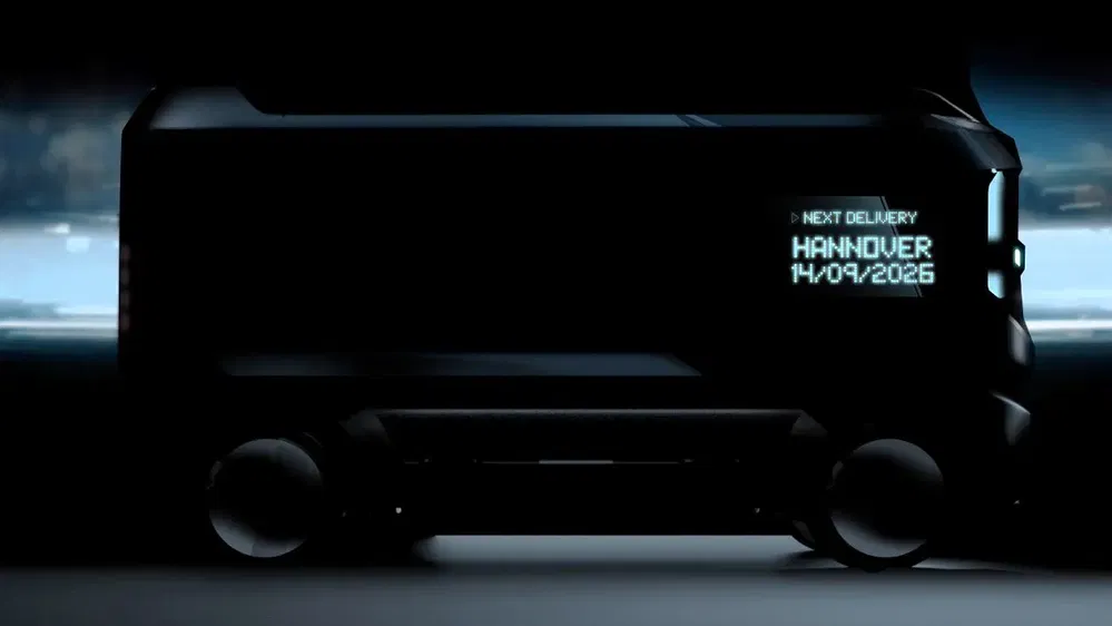 Concept de camion futuriste sombre avec affichage numérique pour livraison à Hanovre, 14/09/2026.