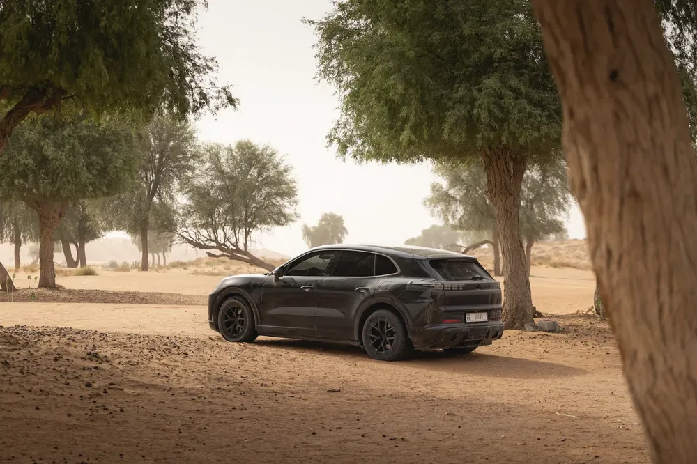 Porsche Cayenne noir dans un désert entouré d'arbres, mettant en valeur son design robuste.