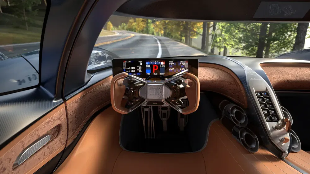Interieur van de autonome Bugatti, futuristisch stuur en geavanceerd digitaal dashboard.