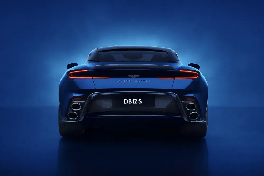 Vue arrière de l'Aston Martin DB12 S sur fond bleu, feux arrière illuminés.