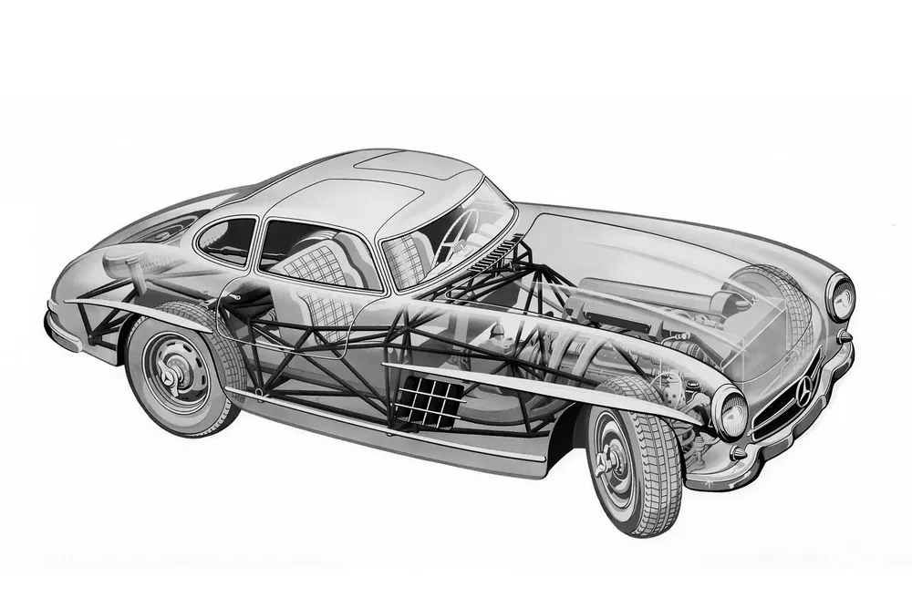 Illustration technique de la Mercedes-Benz 300 SL Gullwing montrant la structure interne du châssis.