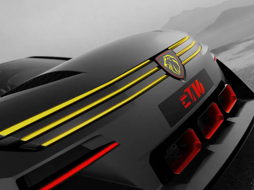 Arrière d'une voiture concept E-Legend avec logo de lion et détails lumineux élégants.