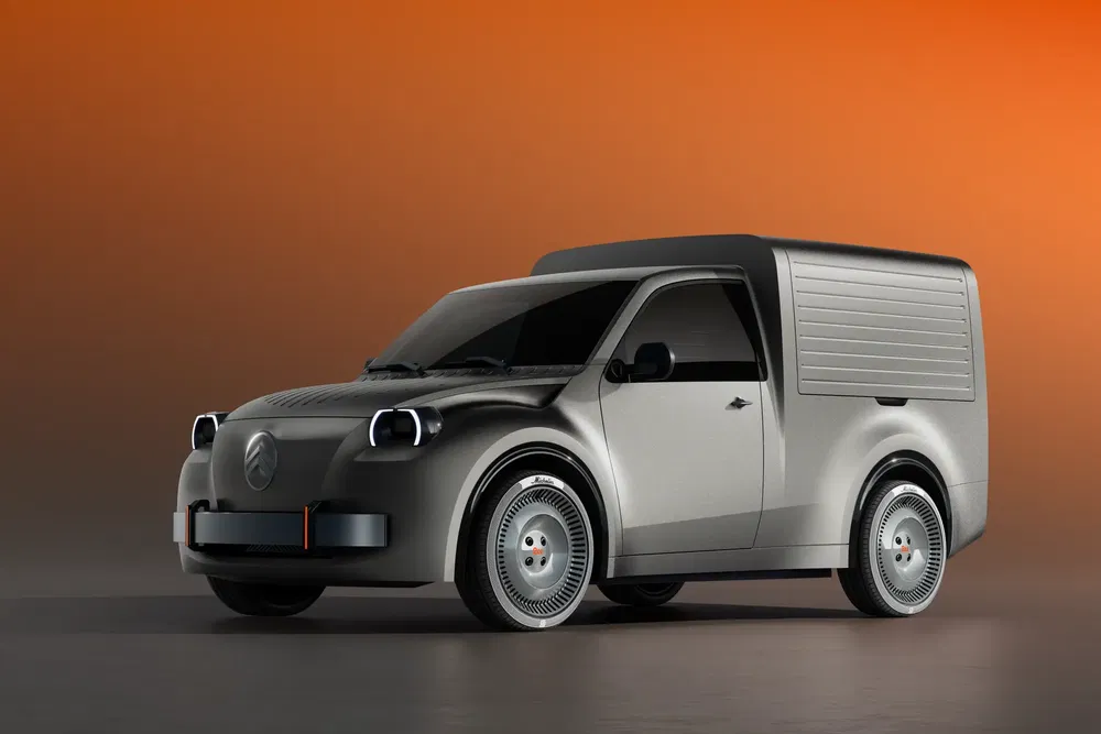 Citroën van concept moderne, fond orange, design futuriste et minimaliste.