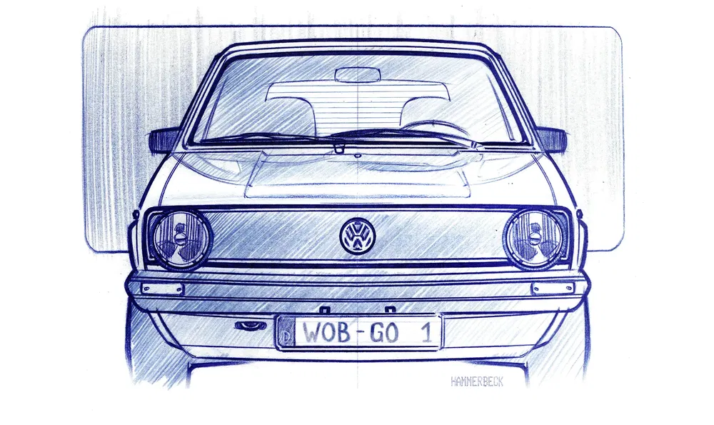 Illustratie van een Volkswagen Golf Mk1, vooraanzicht, kenteken WOB-GO 1, tekenstijl.