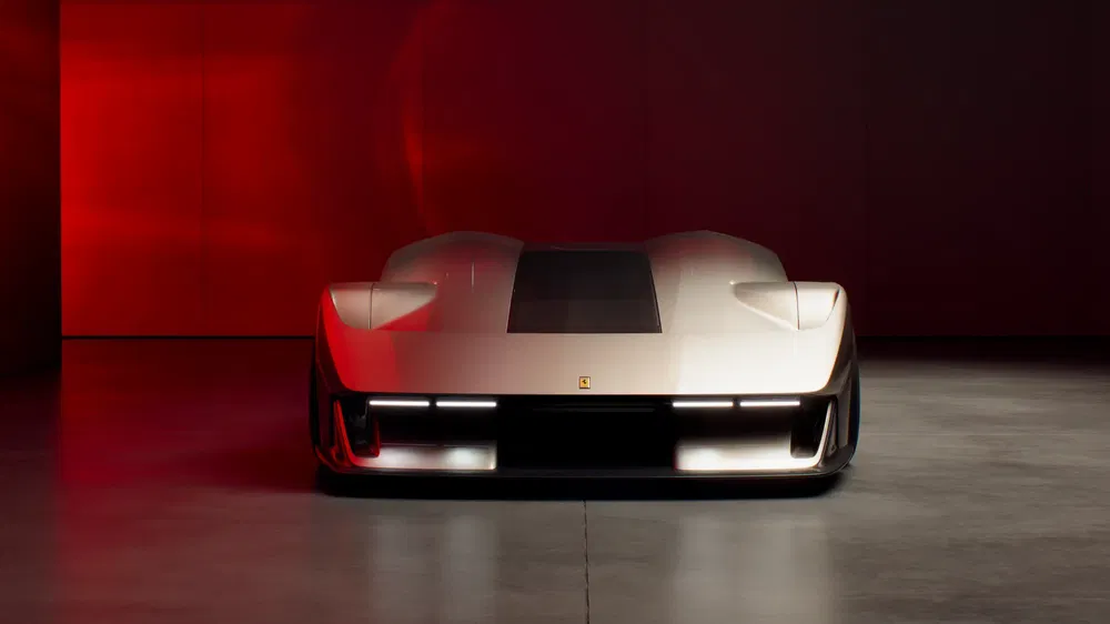 Futuristische Ferrari auto frontaal bekeken met intense rode achtergrondverlichting.