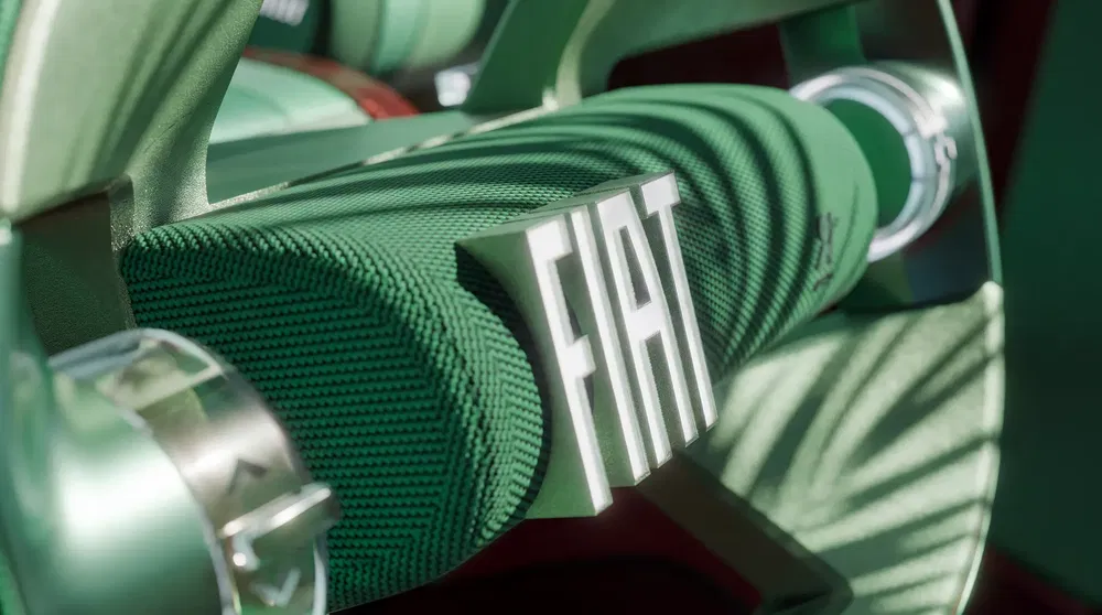 Fiat-logo op een groen getextureerde autostoel, modern auto-interieur ontwerp.