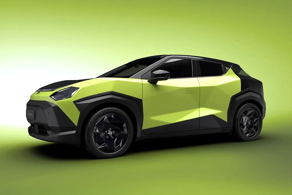 Nissan concept-SUV in limoengroen met hoekig design op een groene achtergrond.
