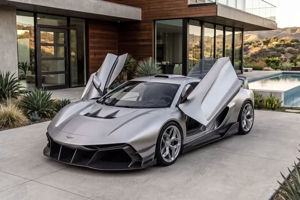 Zilveren hypercar, vlinderdeuren, geparkeerd voor een modern huis met zwembad.