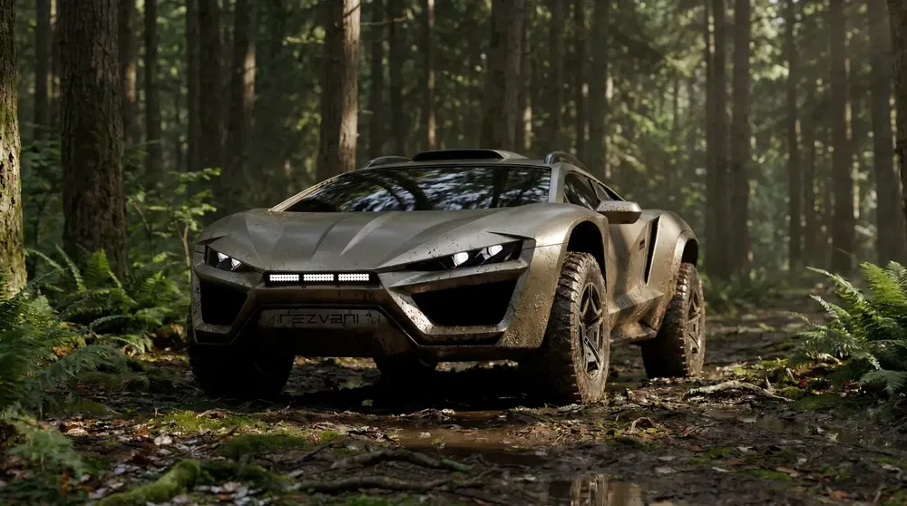 Rezvani Tank tout-terrain dans une forêt, véhicule robuste et puissant, prêt pour l'aventure.